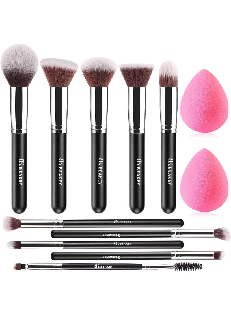 BEAKEY Diversity Makeup Brushes 12 Pcs Makeup Kit, Premium Synthetic Kabuki Foundation Face Powder Concealer Eyeshadow Blush Set, with 2 Pcs Blender Sponges (Black/Silver) - Image 1